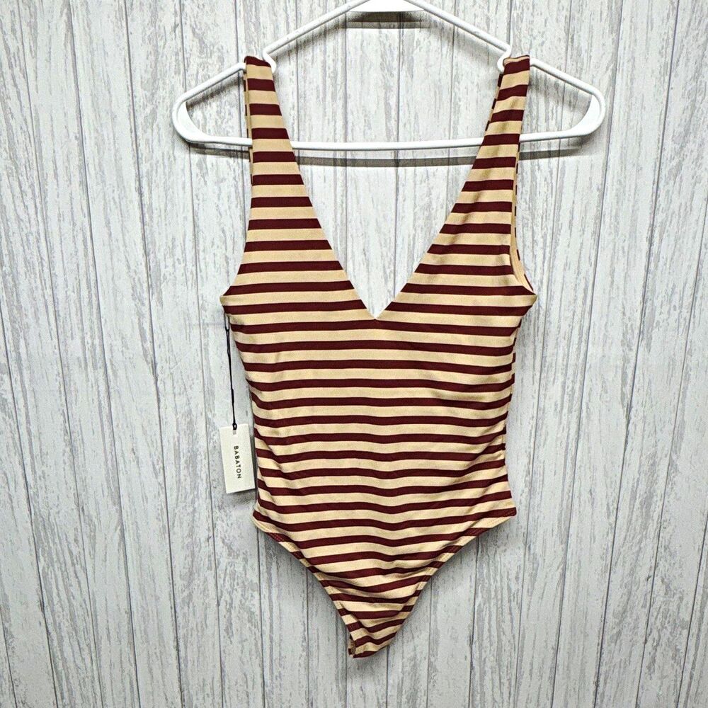 Babaton Beige/Brown Striped V-Neck Sleeveless Bodysuit One Piece Size S